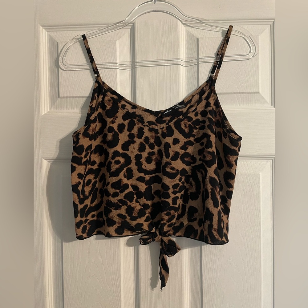 Leopard Print Tie-Front Cami Tank Top - Brown/Black Size Large